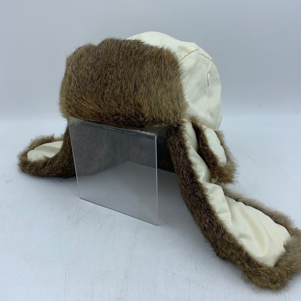 Vintage Rabbit Fur Trapper Hat Ushanka Ear Flaps Quilted O/S Gorp Cabin Hunting